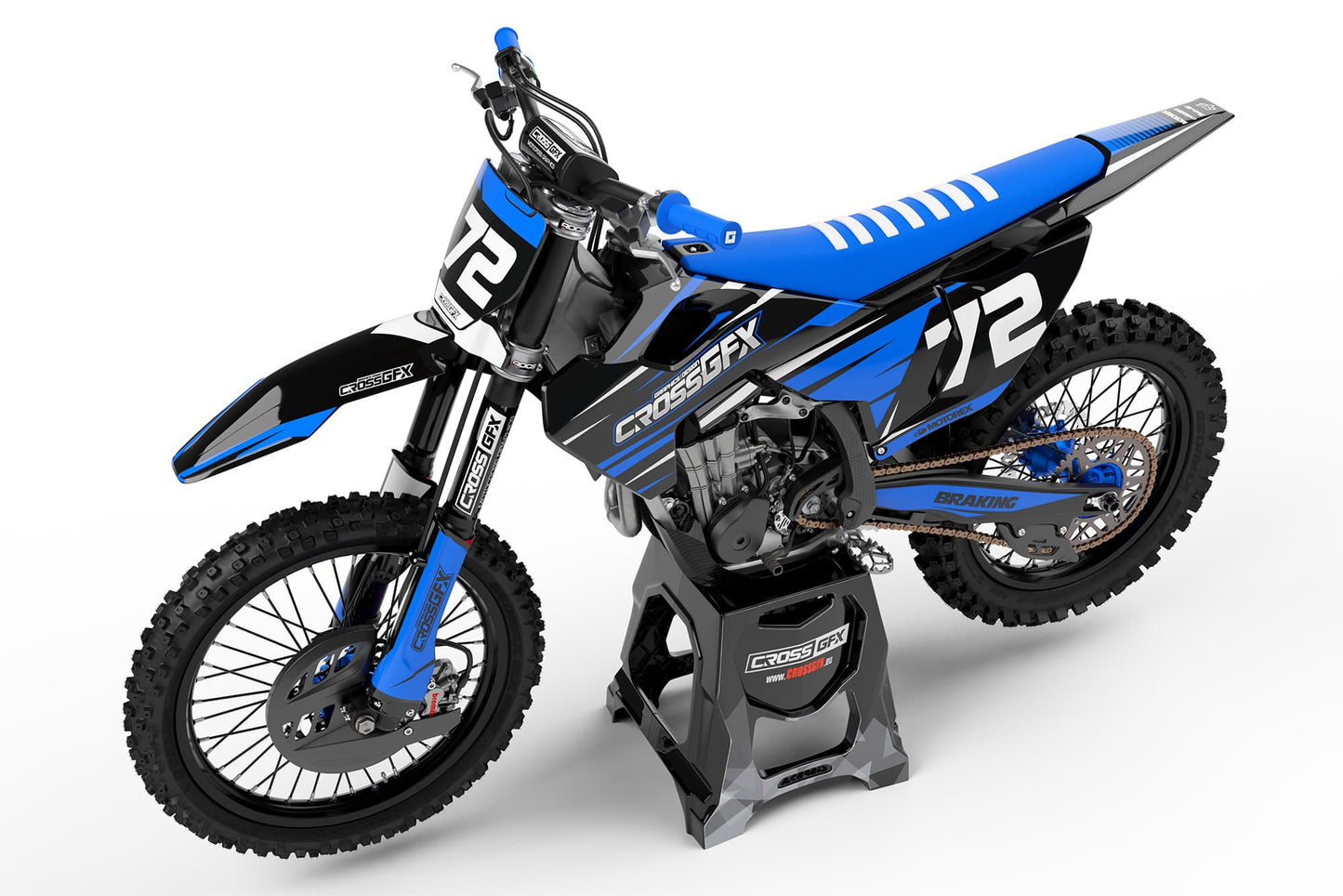 Rear view of the Apex Blue custom graphics kit on a Husqvarna dirt bike.
