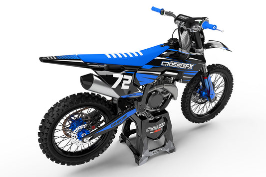 Side view of the Apex Blue decal kit on a Husqvarna off-road bike.