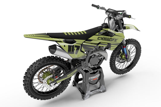 Rear view of the Apex Military decal kit on a Husqvarna off-road motorcycle.