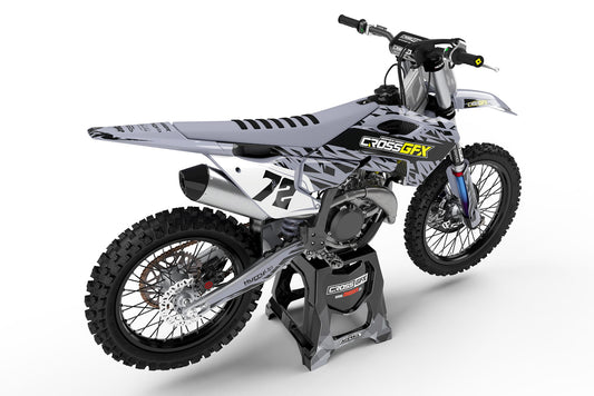 Rear view of the Element Grey decal kit on a Husqvarna off-road motorcycle.
