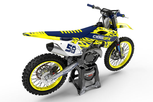 Rear view of the Element Yellow decal kit on a Husqvarna off-road motorcycle.