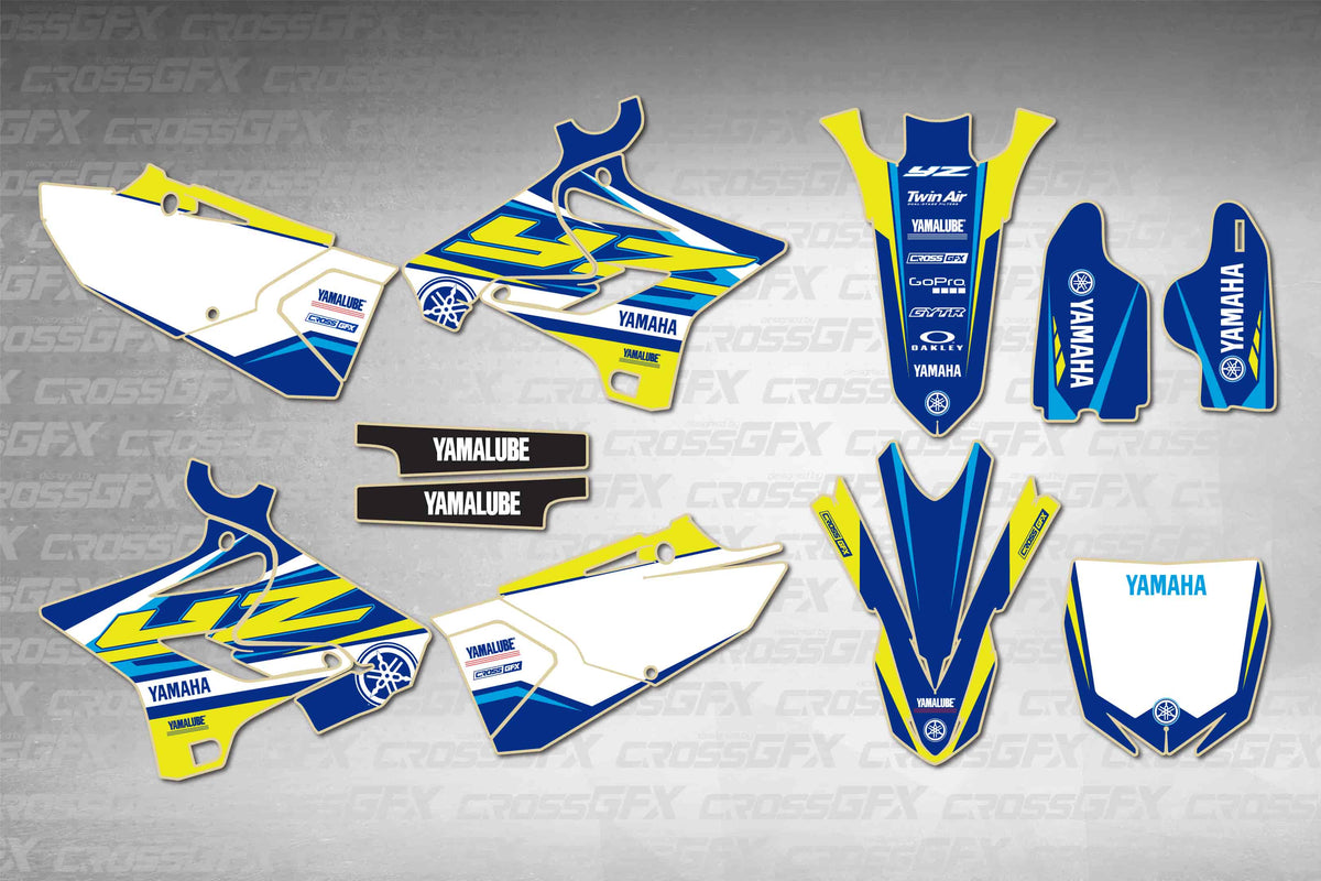 Graphics for Yamaha YZ 250 Polisport 2005-2007 - Jolt Blue - flat layout showing all decal pieces included