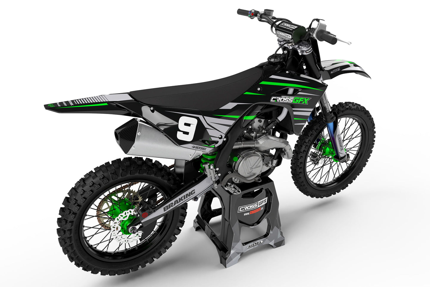 Rear view of the APEX Black graphics kit on a Kawasaki dirt bike.
