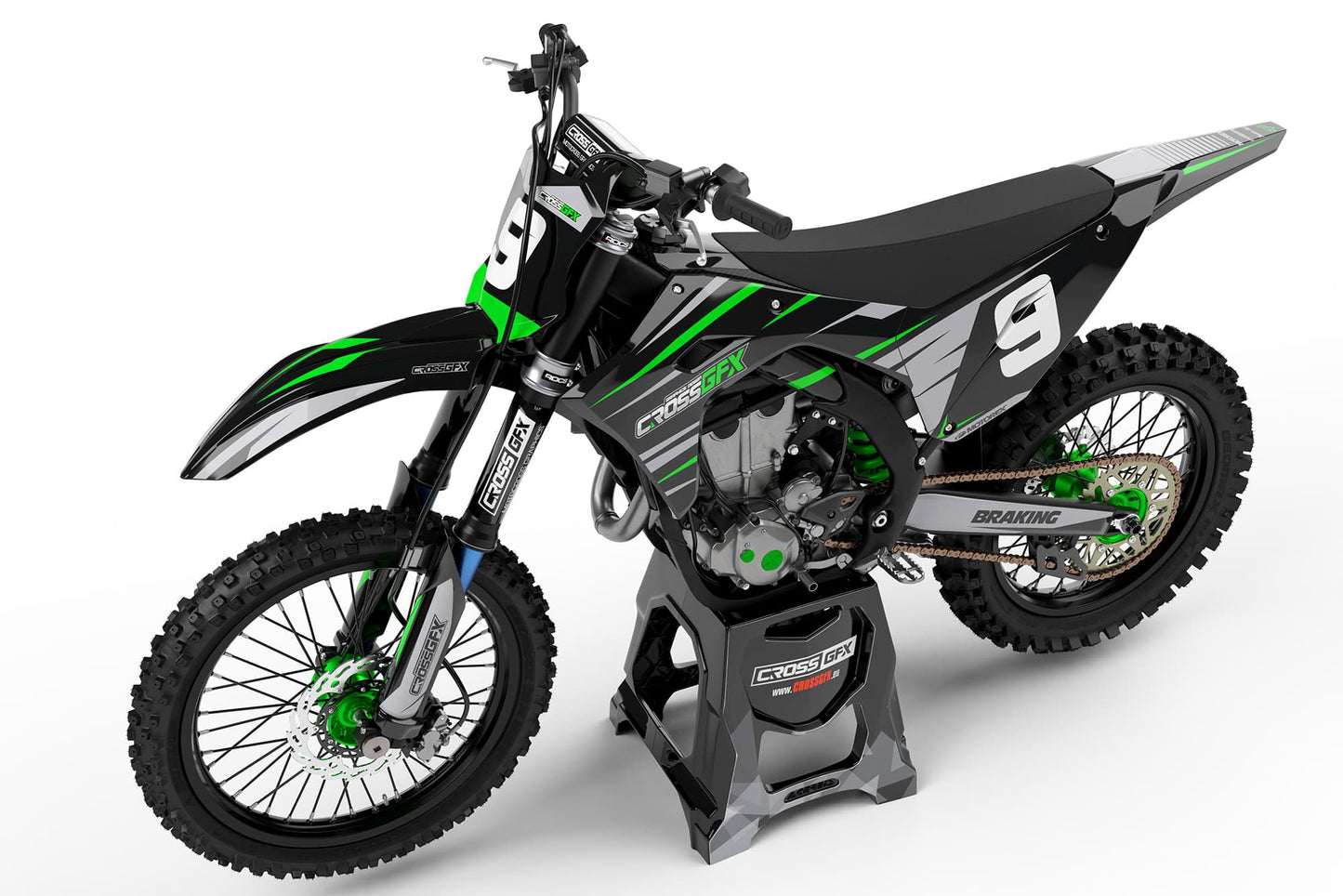 Left side view of the APEX Black graphics kit for a Kawasaki motocross bike.