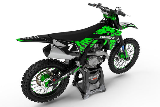 Rear view of the ELEMENT Green graphics kit on a Kawasaki dirt bike.