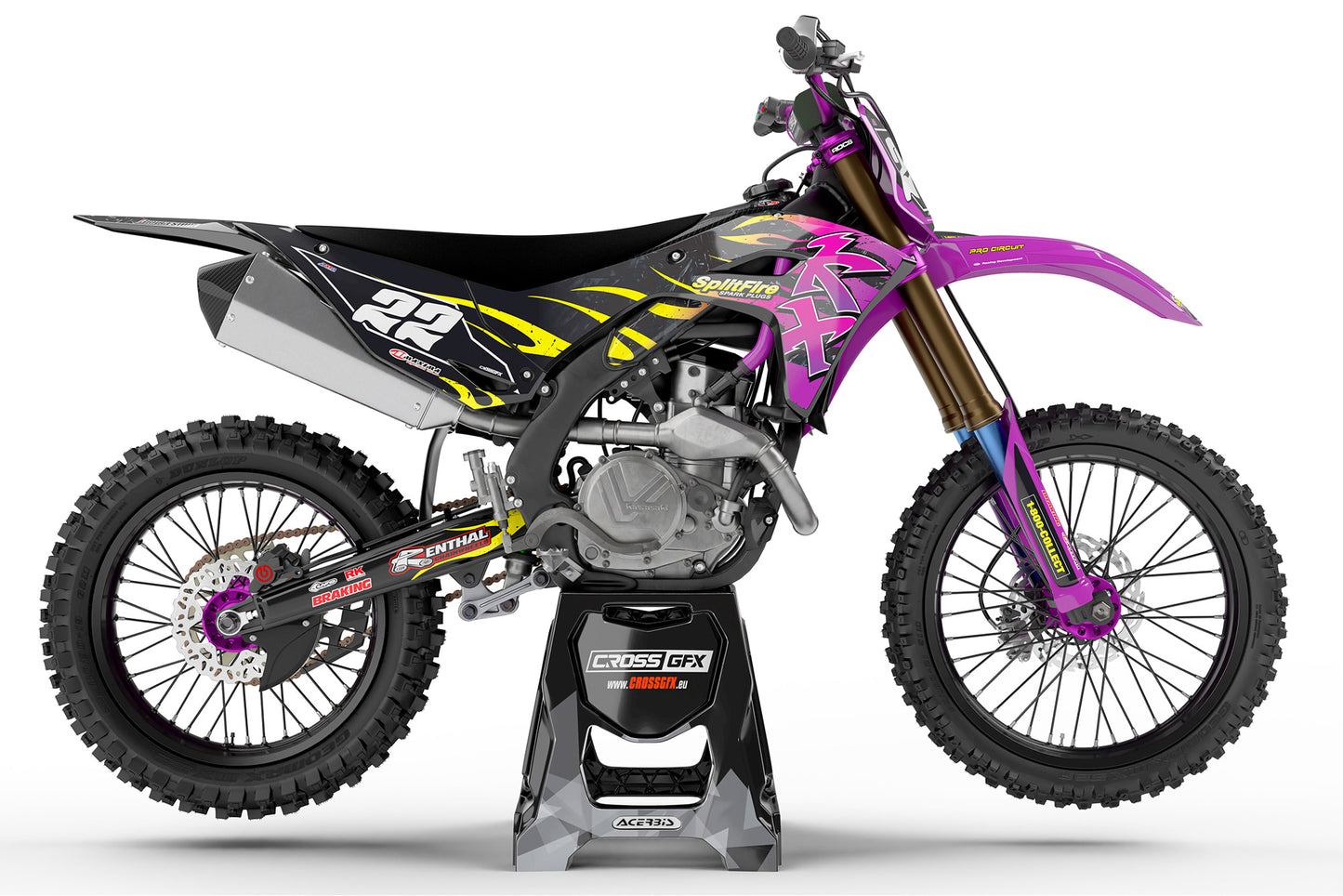 Side view of the Flame Purple decal kit on a Kawasaki motocross bike.
