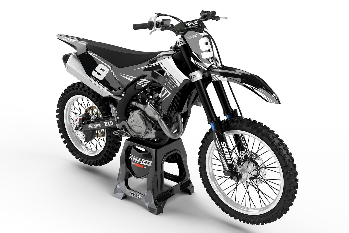Front view of the SHIFT Black graphics kit for a Kawasaki motocross bike.