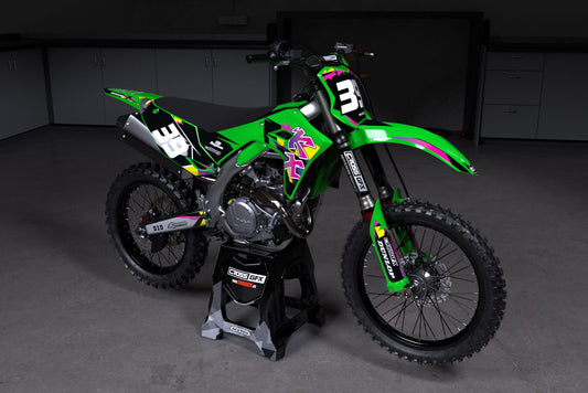 Promotional image of the Retro Green graphics kit for a Kawasaki motocross bike.