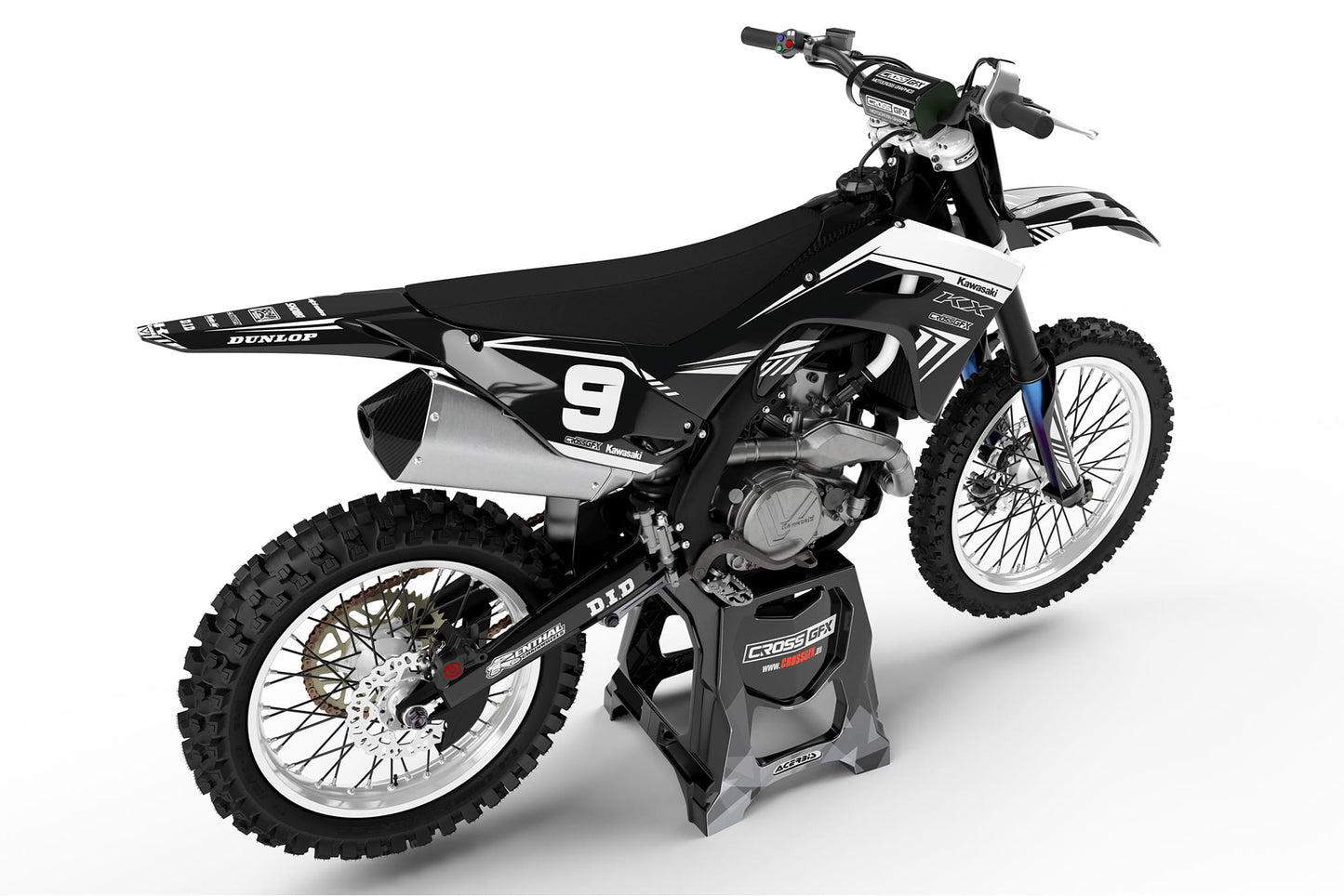 Rear view of the SHIFT Black graphics kit on a Kawasaki dirt bike.