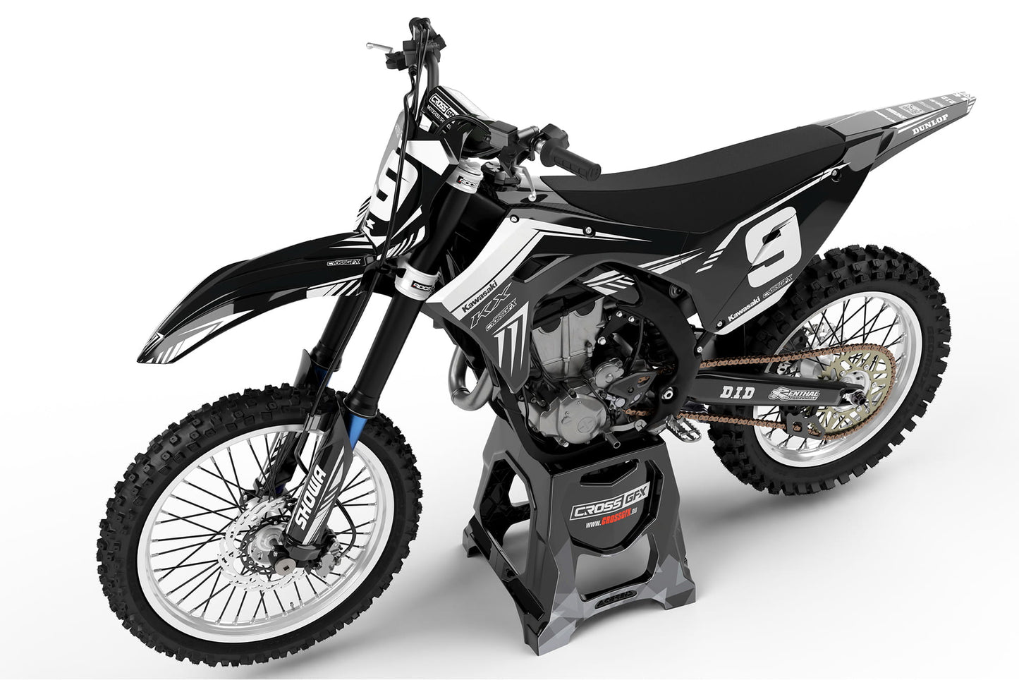 Left side view of the SHIFT Black graphics kit for a Kawasaki motocross bike.