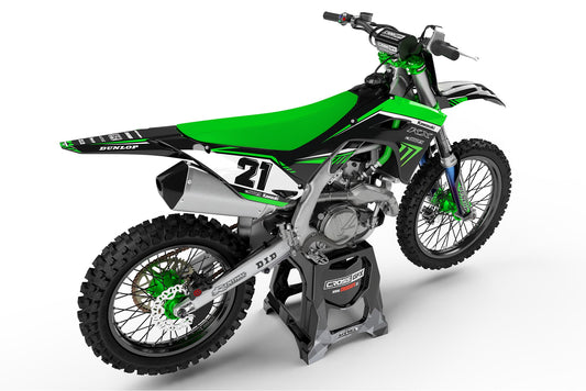 Image of a Kawasaki motocross bike with the SHIFT Green graphics kit, back view.