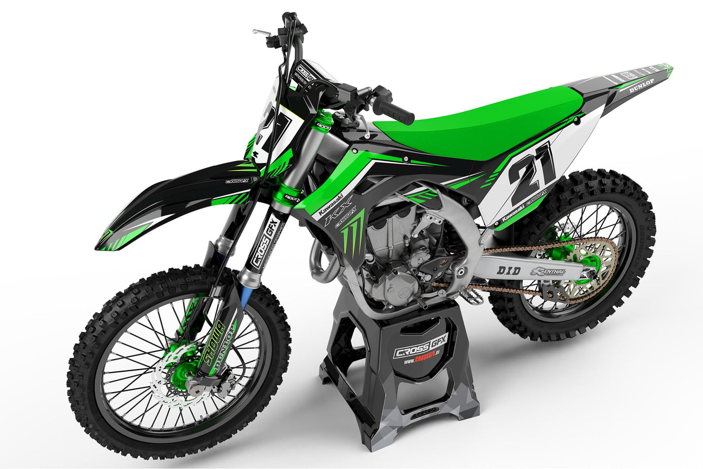 Image of a Kawasaki motocross bike with the SHIFT Green graphics kit, left side view.