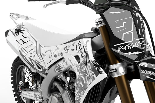 Promotional image of the Skull White decals kit for a Kawasaki dirt bike.