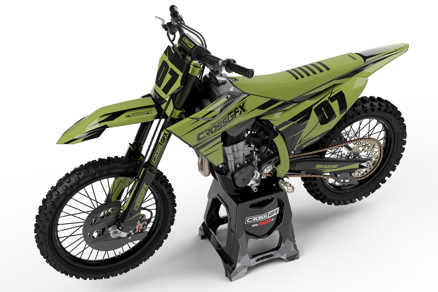 Left view of the Apex Military custom graphics kit on a KTM dirt bike.