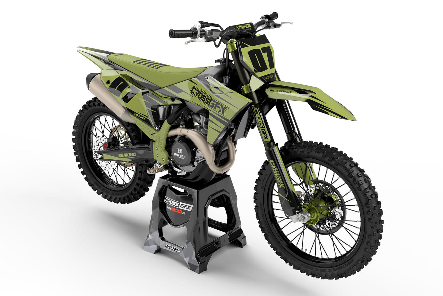 Front view of the Apex Military graphics kit on a KTM dirt bike.