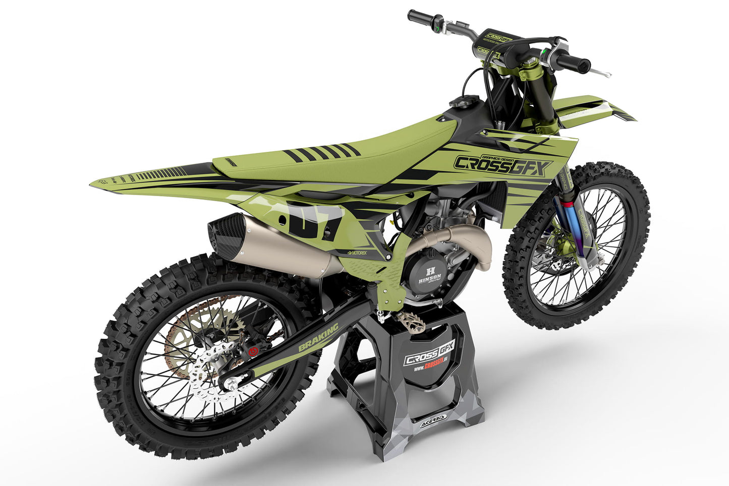 Rear view of the Apex Military off-road decal kit on a KTM motocross bike.