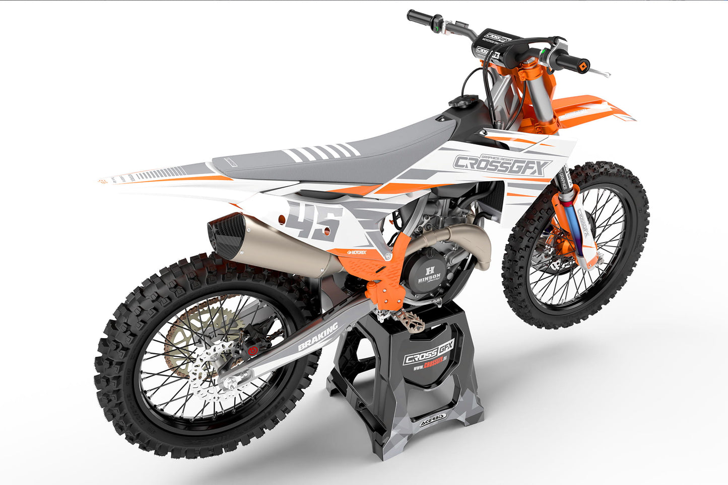 Rear view of the Apex White racing graphics kit on a KTM dirt bike.