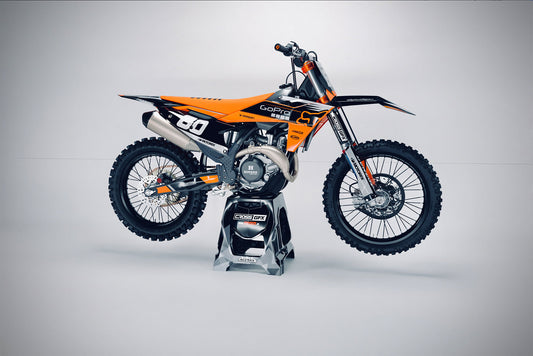 Promotional view of the Cord Black custom decal kit on a KTM motorcycle.