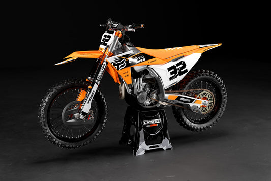 Promotional view of the Cord Gray custom decal kit on a KTM motorcycle.