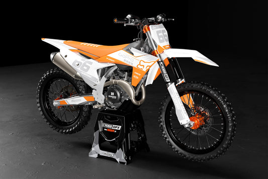 Promotional view of the Cord White 90s decal kit on a KTM motorcycle.
