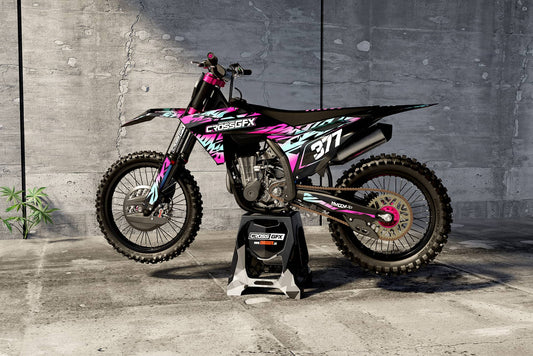 Promotional view of the Element Black custom decal kit on a KTM motorcycle.
