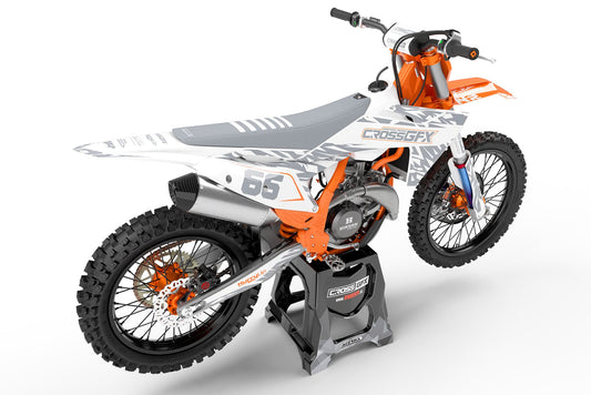 Rear view of the Element White custom decal kit on a KTM dirt bike.
