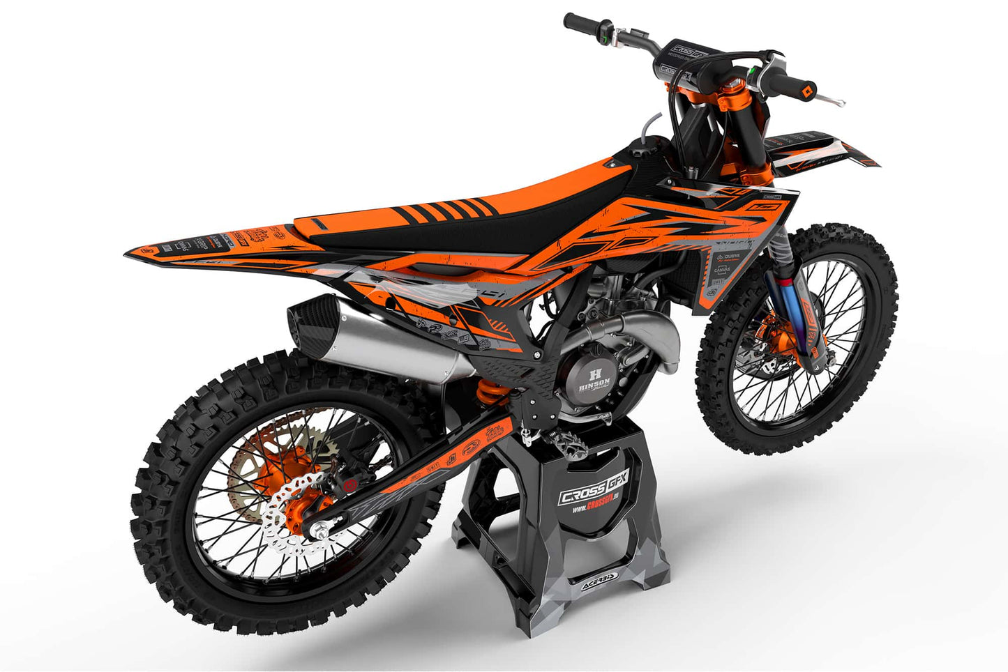 Rear view of the Omega Orange custom decal kit on a KTM motorcycle.