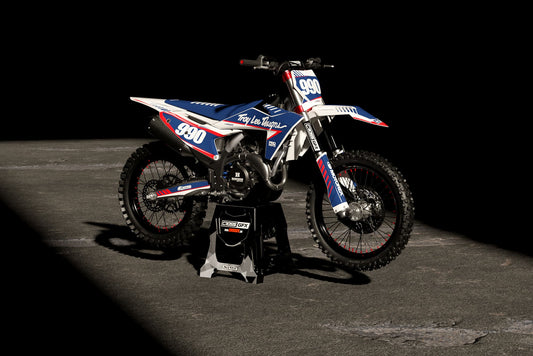 Promotional view of the Pro White custom decal kit on a KTM motorcycle.