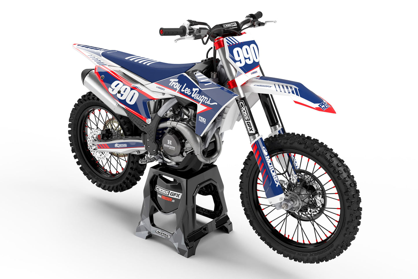 Front view of the Pro White motocross graphics kit on a KTM dirt bike.
