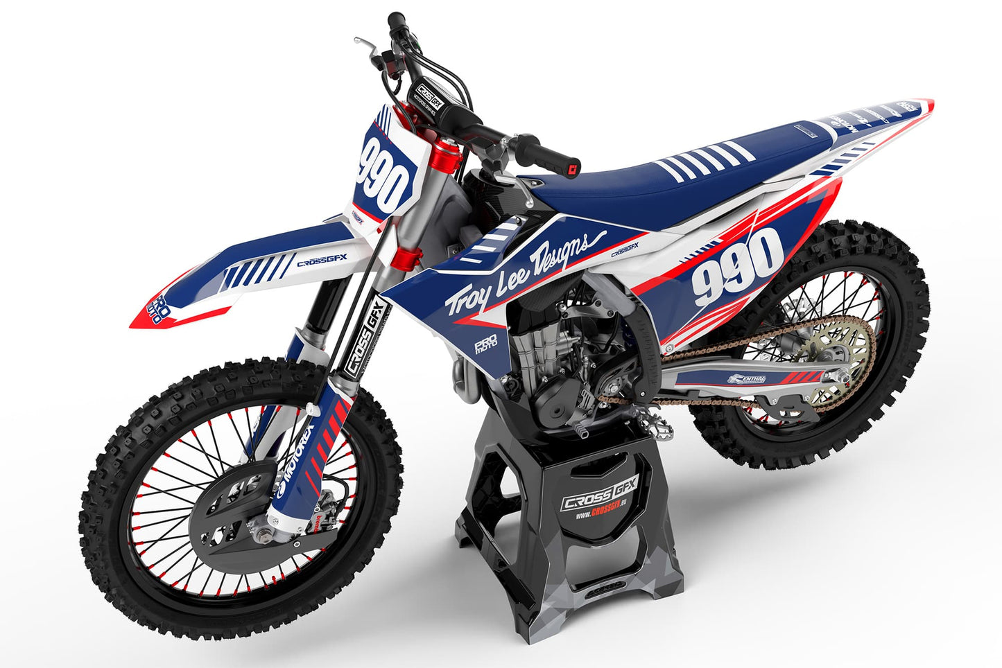Side view of the Pro White off-road decal kit on a KTM motorcycle.