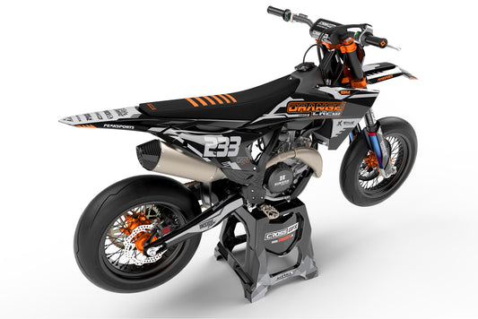 Rear view of the Volt Grey custom decal kit on a KTM motorcycle.