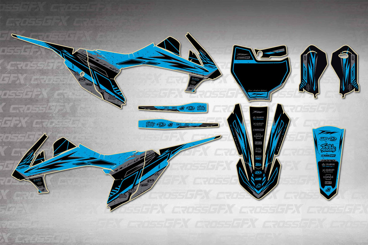 Graphics for KTM 65 SX 2019-2023 - Omega Blue - flat layout showing all decal pieces included