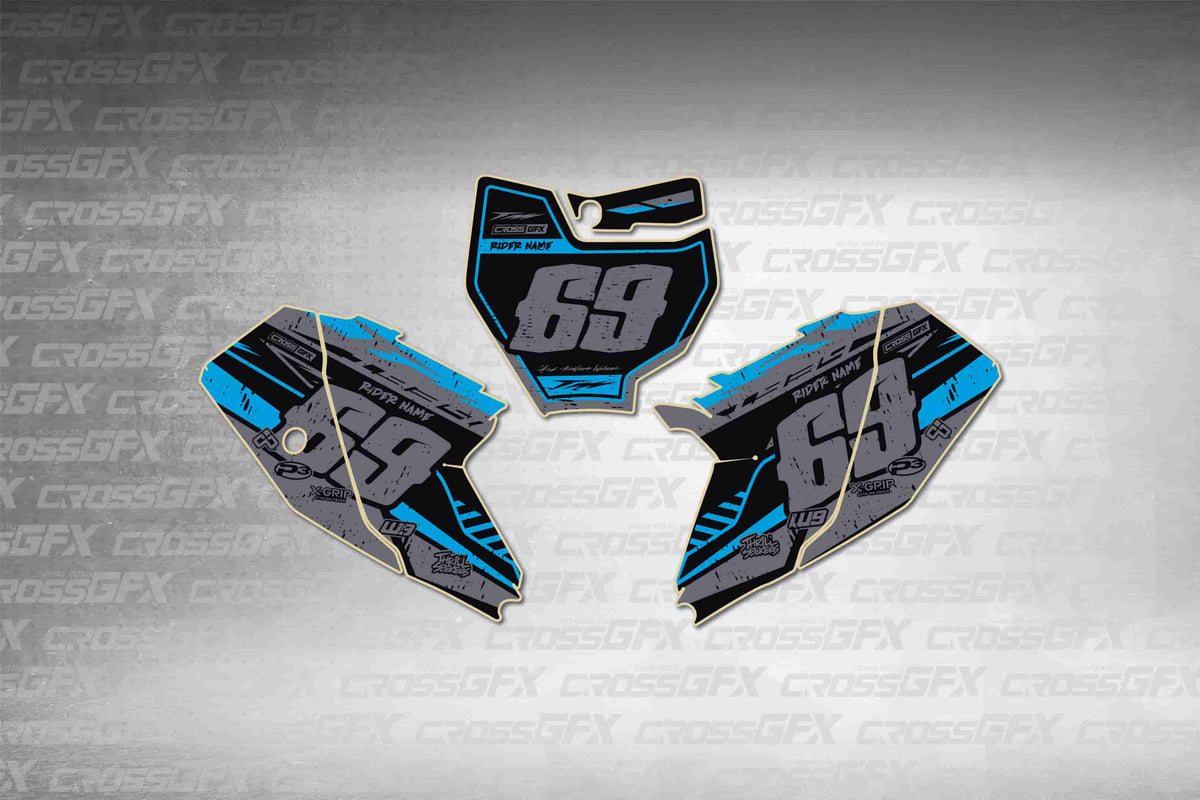Graphics for KTM 65 SX 2019-2023 - Omega Blue number plate decals - flat layout showing all pieces included