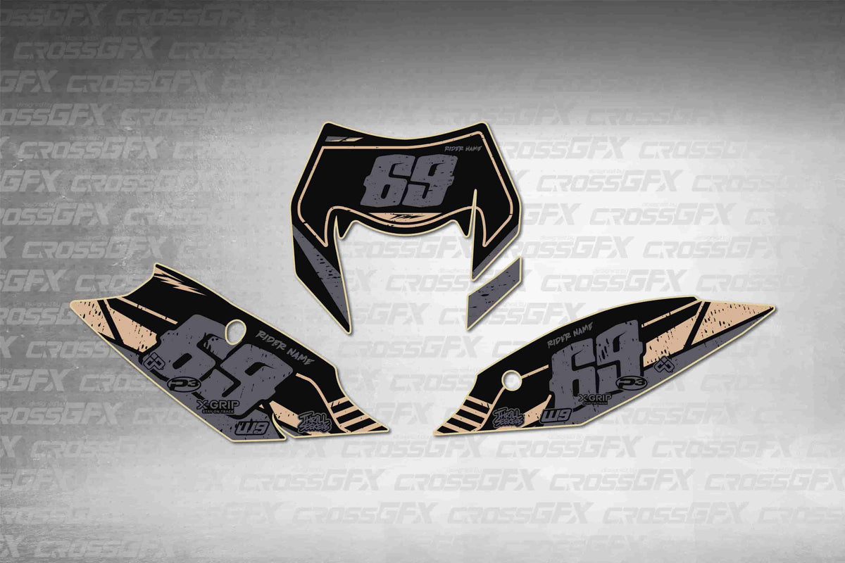Graphics for KTM XC-W 2014-2016 - Omega Brown number plate decals - flat layout showing all pieces included