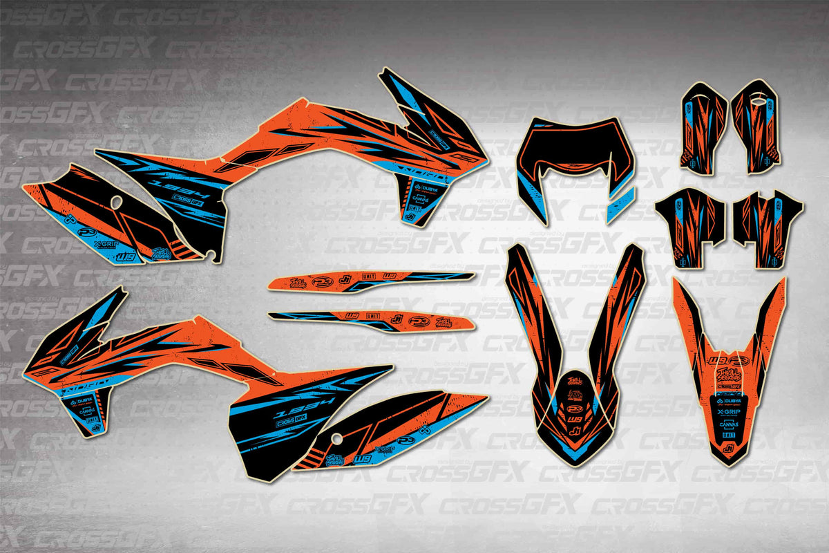 Graphics for KTM XCF-W 2014-2016 - Omega Cyan - flat layout showing all decal pieces included