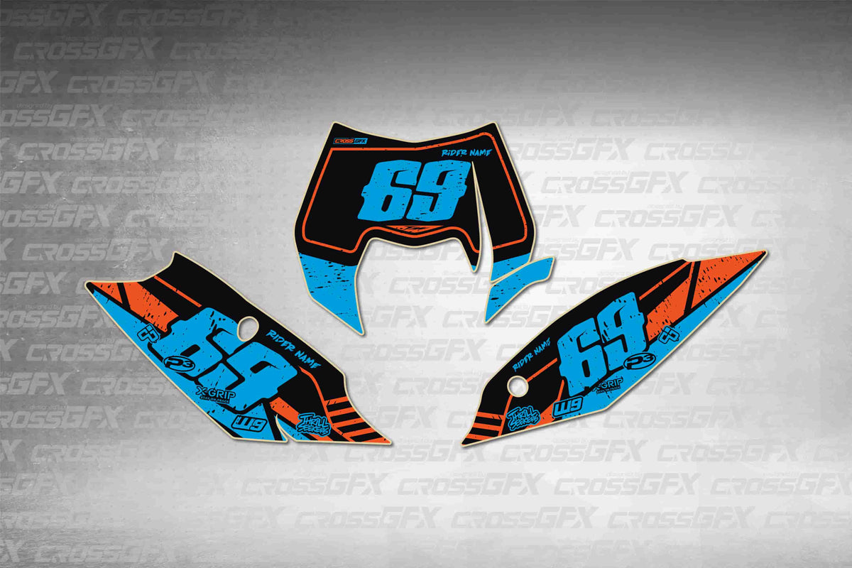 Graphics for KTM EXC 2012-2013 - Omega Cyan number plate decals - flat layout showing all pieces included