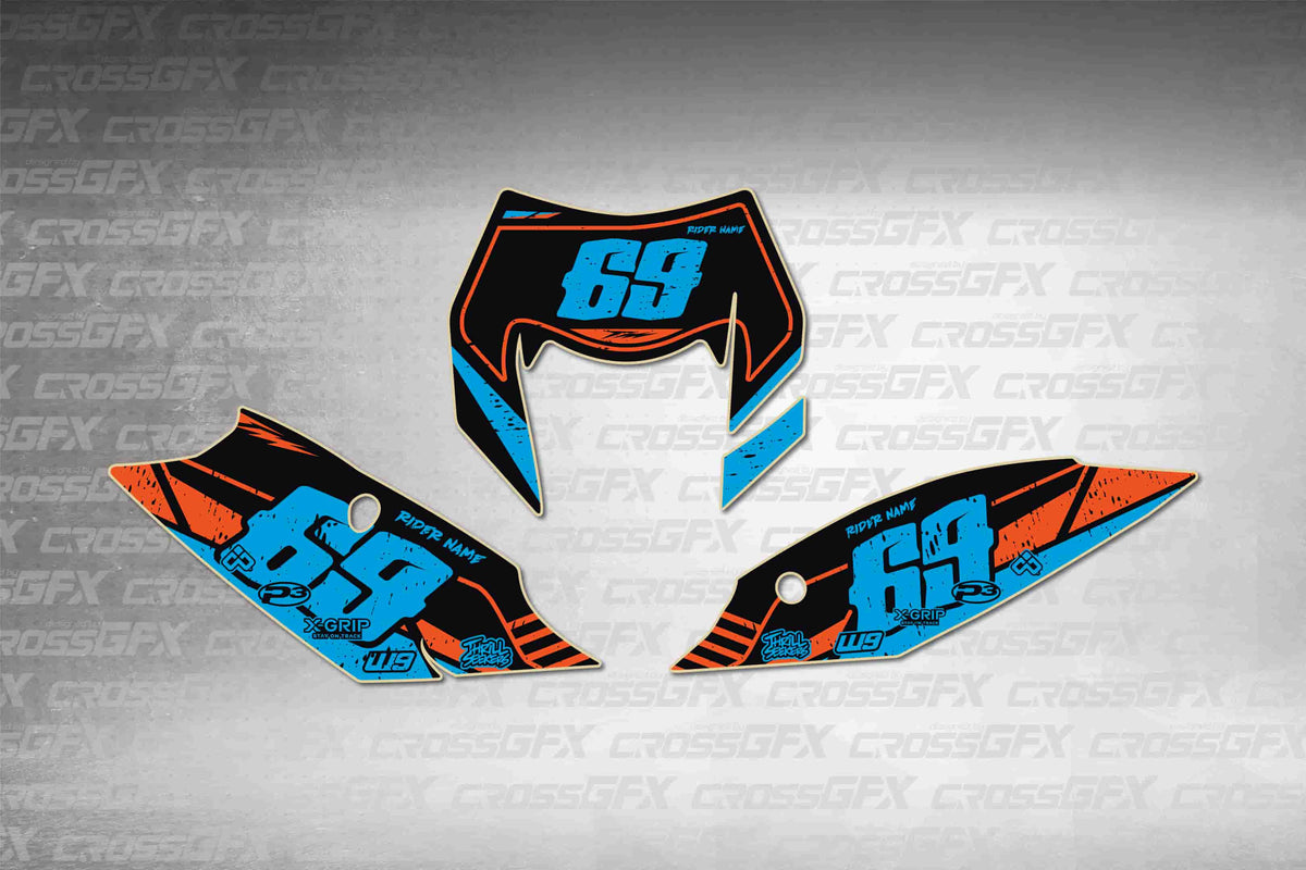 Graphics for KTM EXC-F 2014-2016 - Omega Cyan number plate decals - flat layout showing all pieces included
