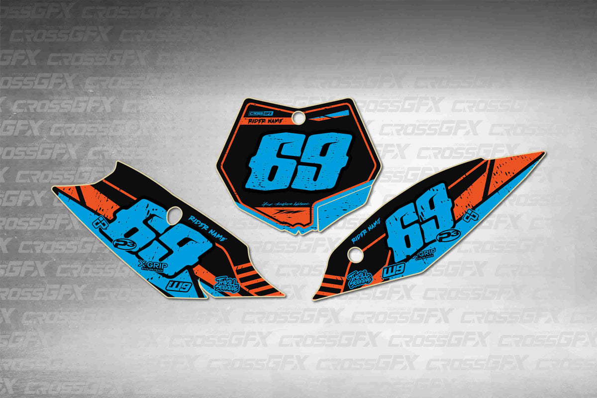 Graphics for KTM XC-F 2011-2012 - Omega Cyan number plate decals - flat layout showing all pieces included
