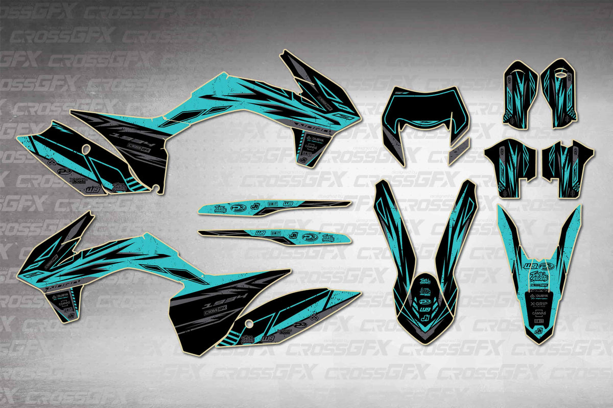 Graphics for KTM EXC 2014-2016 - Omega Teal - flat layout showing all decal pieces included