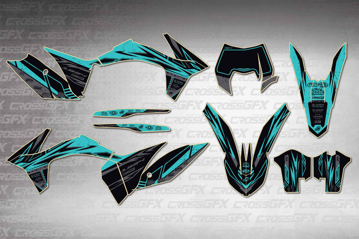 Graphics for KTM EXC-F 2012-2013 - Omega Teal - flat layout showing all decal pieces included