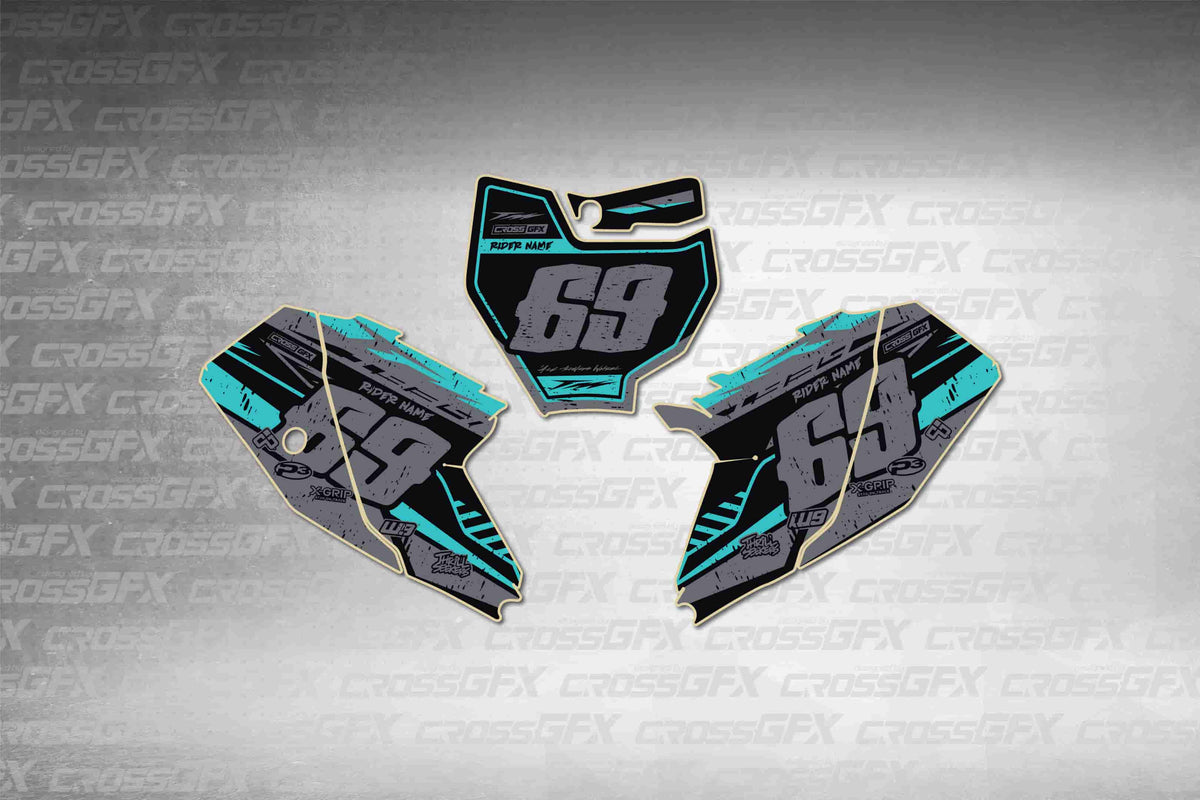 Graphics for KTM 65 SX 2016-2018 - Omega Teal number plate decals - flat layout showing all pieces included
