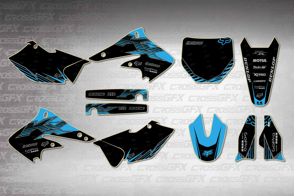 Graphics for Kawasaki KX 250F 2004-2005 - Peak Blue - flat layout showing all decal pieces included