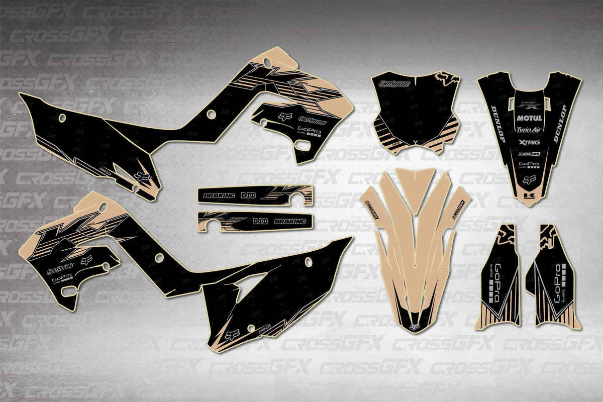 Graphics for Kawasaki KX 250 Polisport 2003-2008 - Peak Brown - flat layout showing all decal pieces included