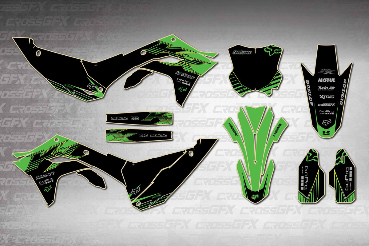 Graphics for Kawasaki KX 250 2025-2026 - Peak Green - flat layout showing all decal pieces included
