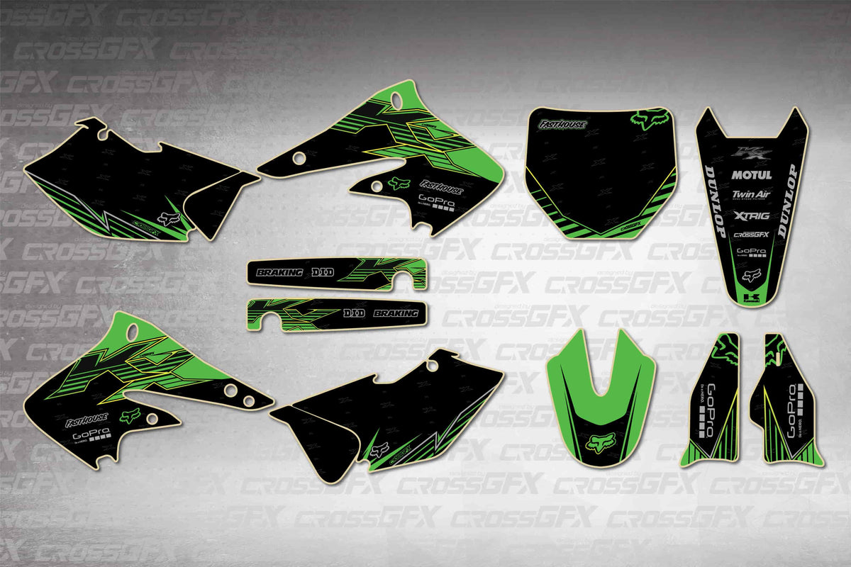 Graphics for Kawasaki KX 250F 2004-2005 - Peak Green - flat layout showing all decal pieces included