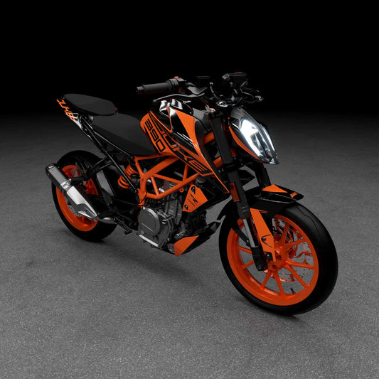 Promo view of KTM 390 Duke with asphalt orange graphics kit