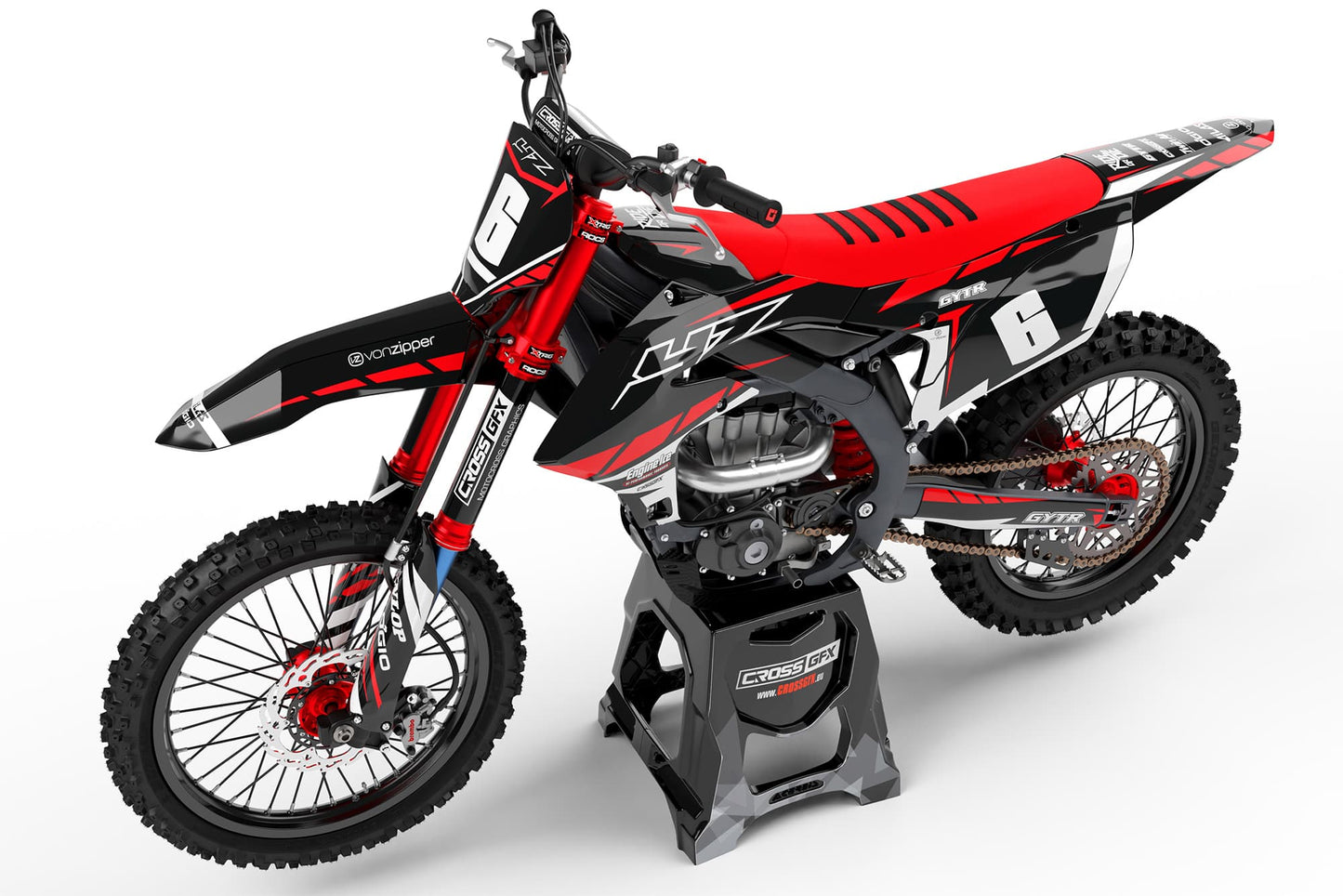 Left side view of the Proline Red racing graphics kit on a Yamaha dirt bike.