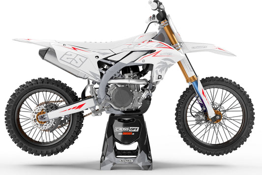 Right side view of the Stroke White off-road decal kit on a Yamaha.