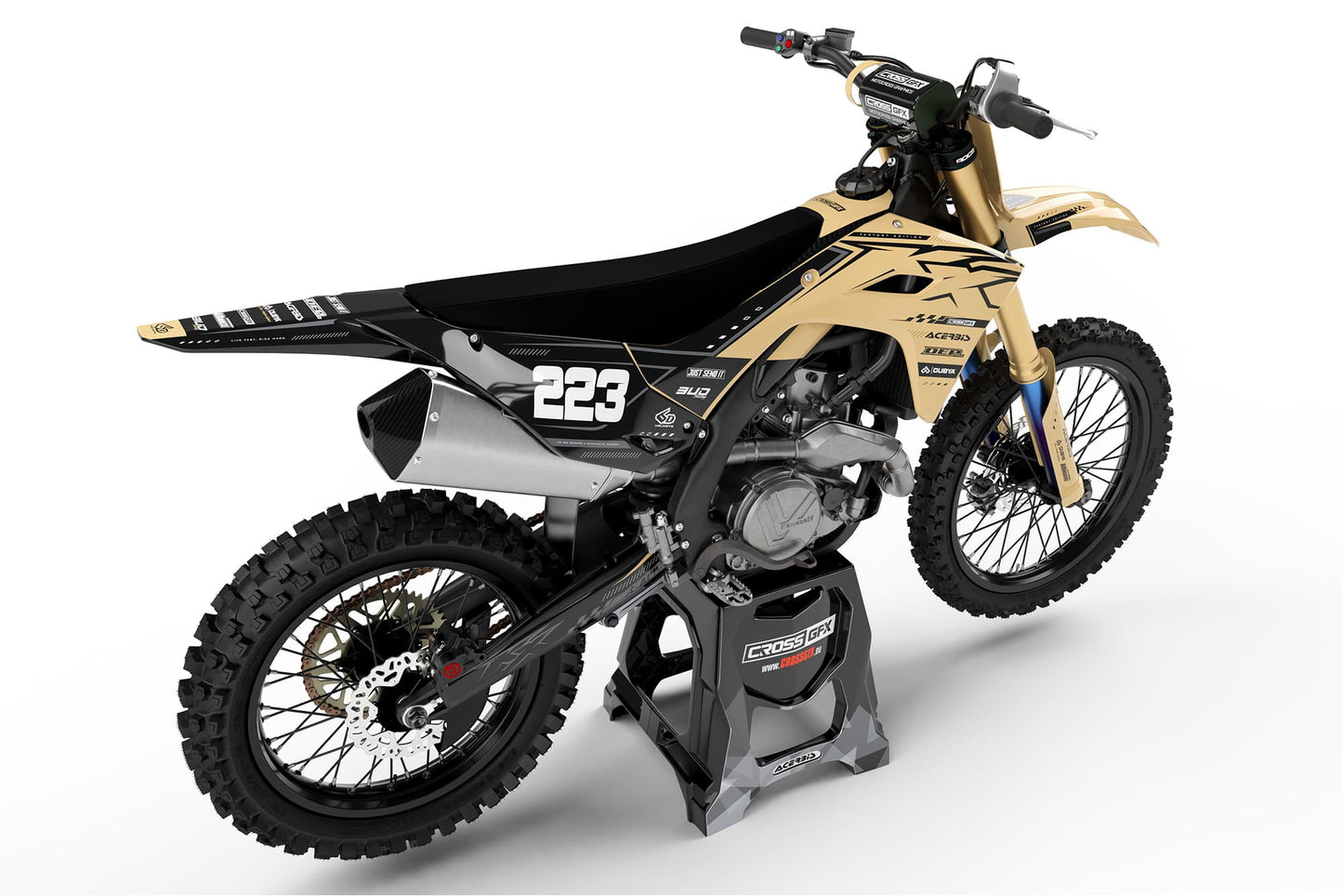 Rear view of the Flux Brown custom decal kit on a Kawasaki motorcycle.