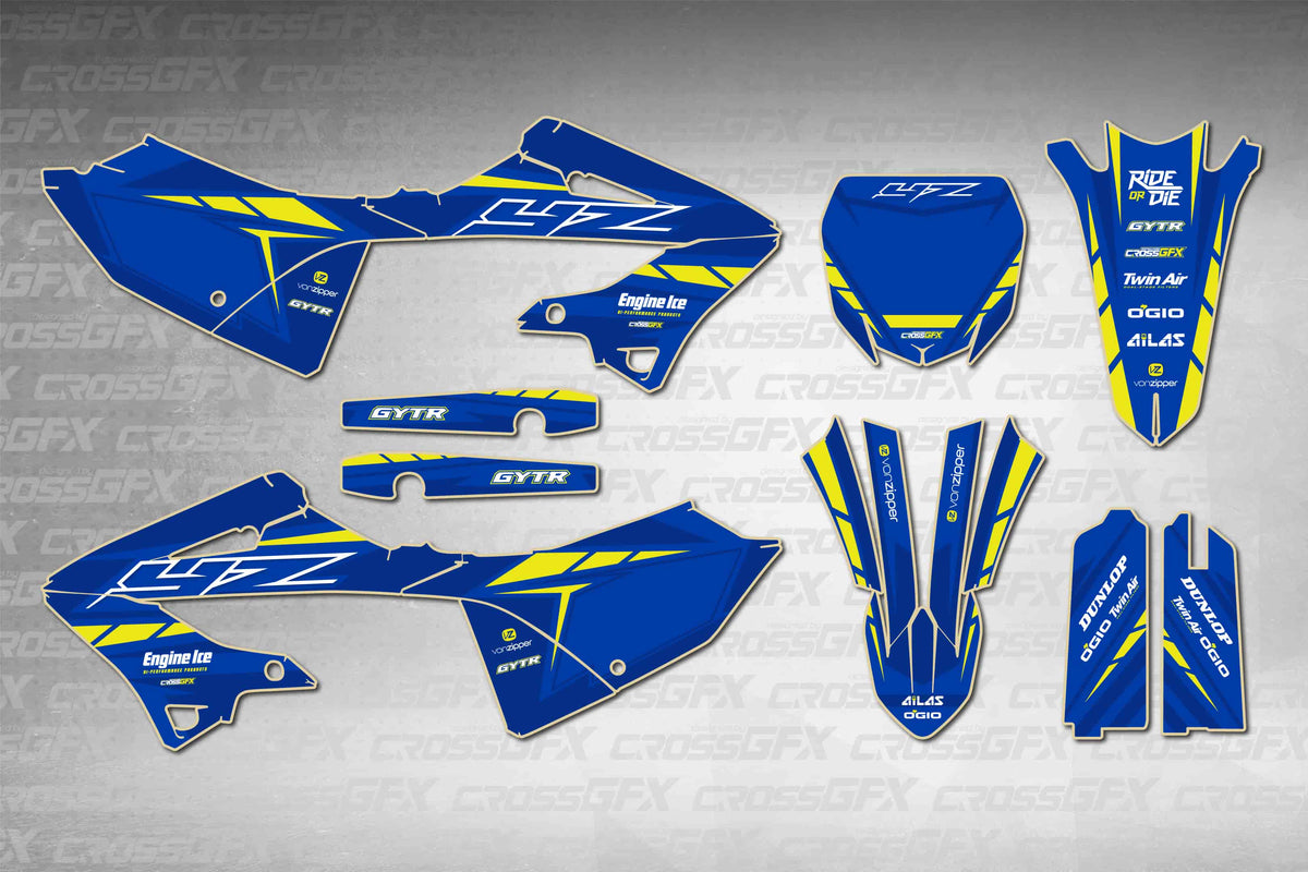 Yamaha YZ 125 2002-2004 Polisport 2022 Restyle Proline Blue graphics kit - flat layout showing all decal pieces included